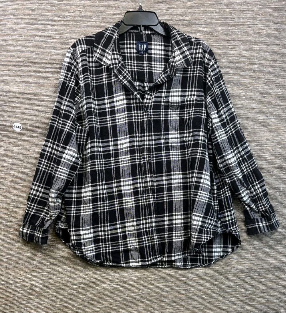 Gap Flannel Shirt Womens XXL Black White Plaid Button Up Grunge Academia Preppy
